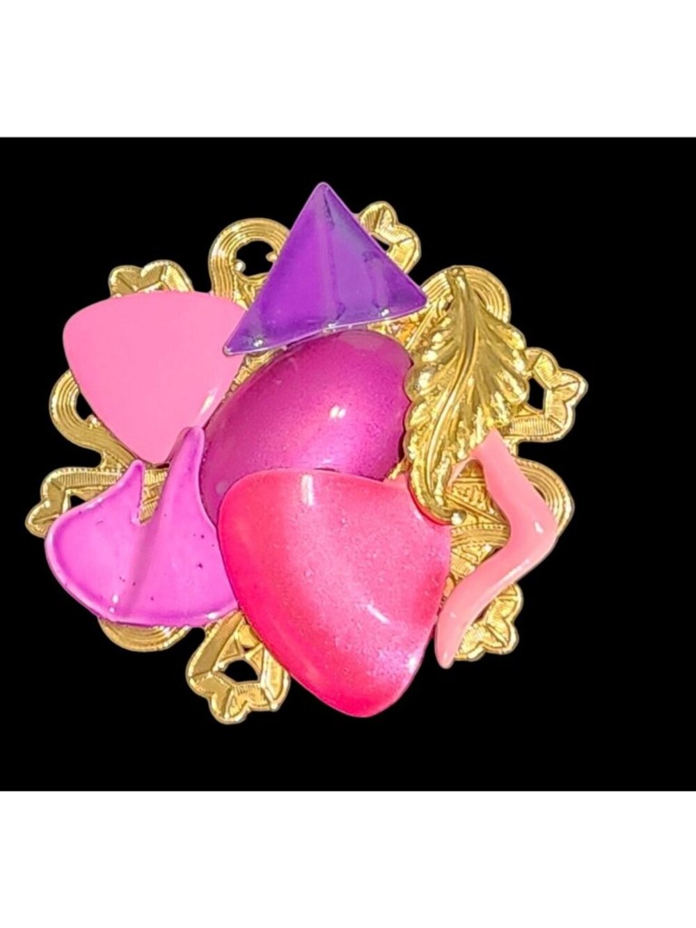 Vintage Modernist Pop Art Gold-Tone & Hot Pink Enamel Pin Brooch